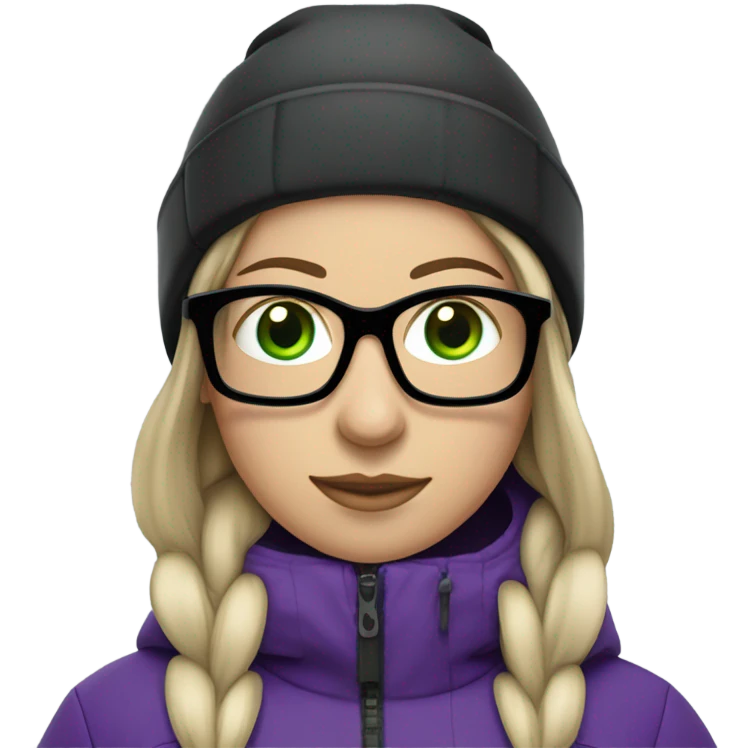 Green-eyed, slightly overweight female skier with long straight hair, glasses, purple snow jacket, long black pants, black only snow boots, black skis standing tall. emoji