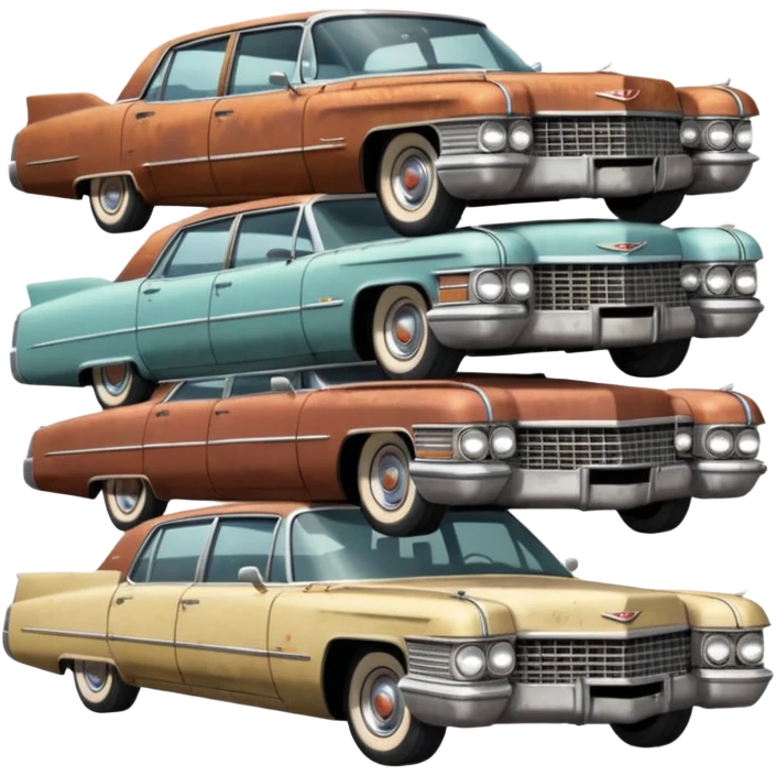 Cinematic realistic ultra HD - old abandoned Cadillac cars stacked in a pile emoji