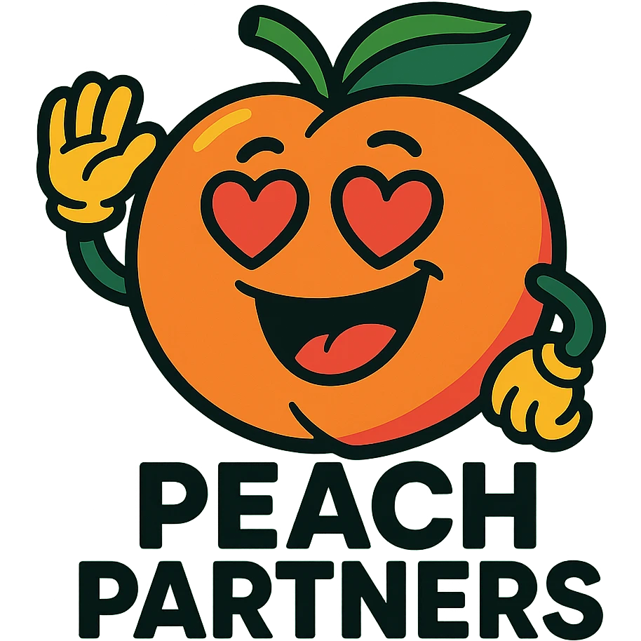 friendly peach mascot for 'Peach Partners' logo, vibrant colors, cheerful expression, peach with heart-shaped eyes emoji