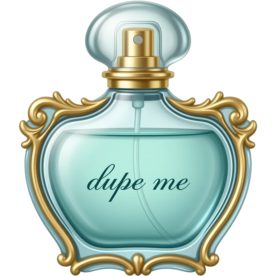 Elegant light teal perfume ornate bottle with dupe me in cursive emoji