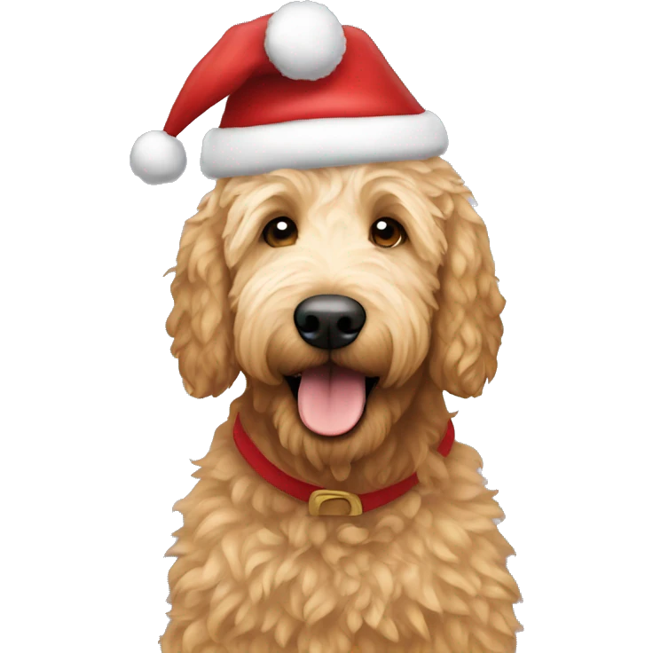Golden doodle wearing a Santa hat emoji