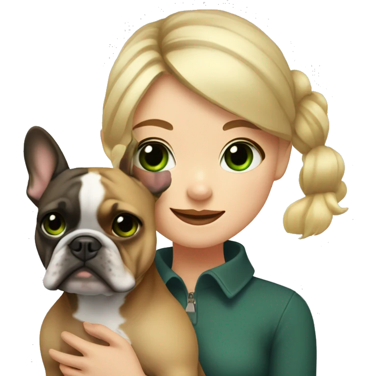 A blonde girl with green eyes with a square hugs a French bulldog with brown eyes and dark gray fur emoji