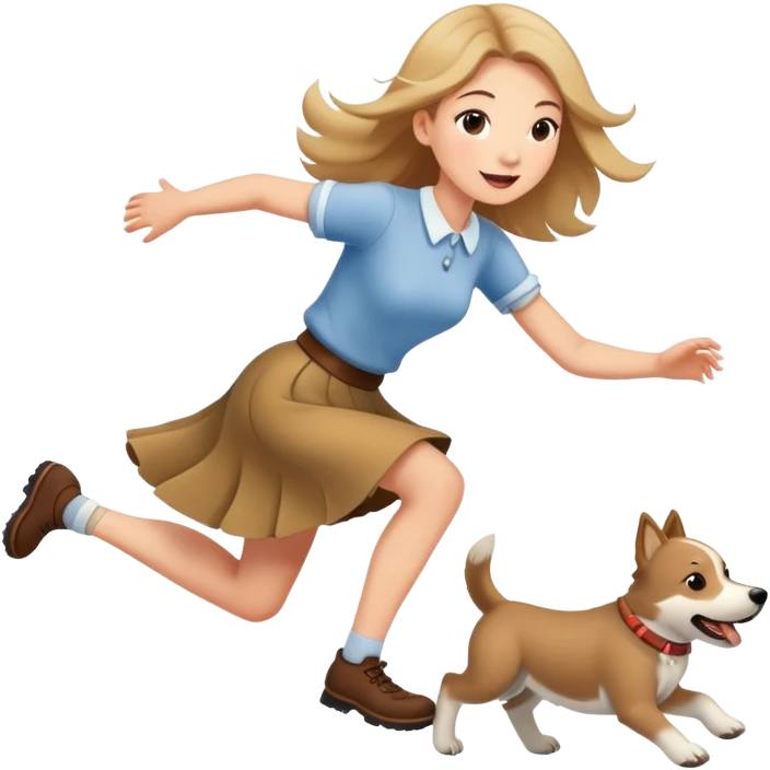 A beautiful girl with fair skin wearing a skirt happily chases the Alaskan dog emoji