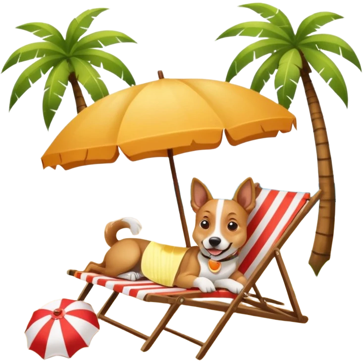 a dog laied on a beach chair, a sunny beach, a sun umbrella, and beach coconut trees. the icon should capture the essence of a relaxing beach vacation with a carefree atmosphere emoji