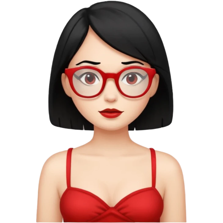 Topless shrug, black hair, red glasses emoji