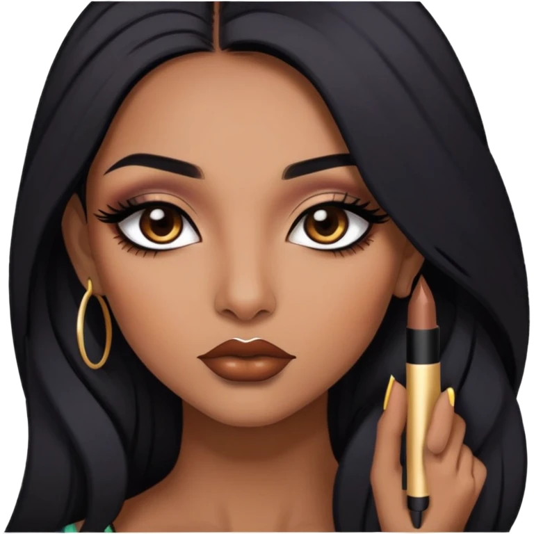 indian girl, brown skin, long black hair, brown underneath colored hair, baddie,pretty, makeup, lipliner, black eyeliner, emoji