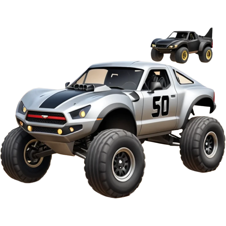 Satan’s and Vader (post race) Chardonnay-colored Dirty and dented Local Motors Rally Fighter off road race car hot rod trophy truck-style basher flying on a dusty road (silver wheels) emoji