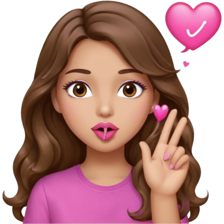 girl with long wavy brown hair, brown eyes, light to medium complexion, in a pink shirt, pink lips, long lashes, blowing a kiss emoji