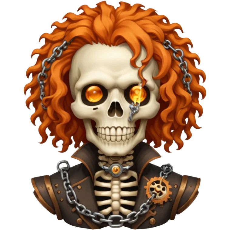 steam-punk Megadeth iconic skeleton mascot with a rusty chain in his teeth, huge curly orange hair emoji