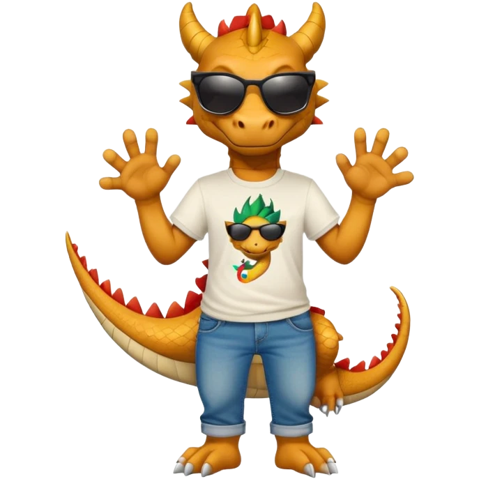 friendly anthropomorphised dragon in a hip-hop t-shirt and jeans wearing dark sunglasses emoji