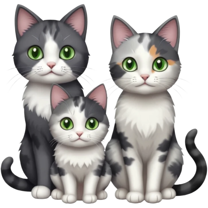 3 different coloured small cats including a dark grey and white, and a patchy calico and a completely solid dark grey with green eyes and only white paws emoji
