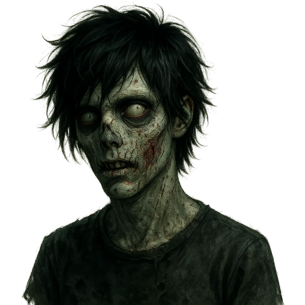 zombie boy with messy black hair, emo style, medium length, eerie and unsettling look emoji