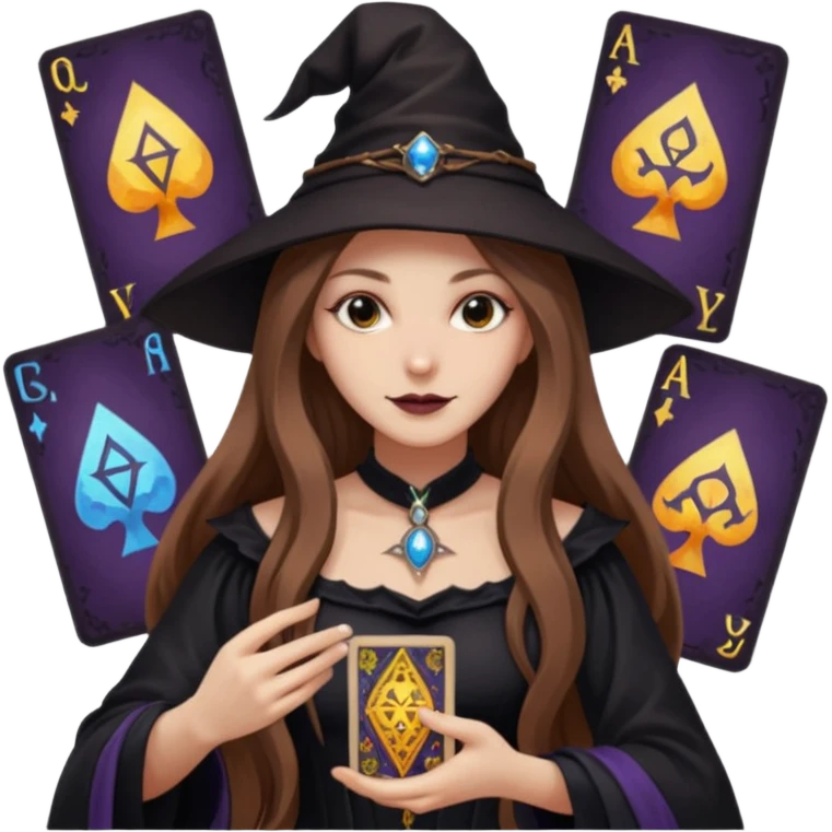 dark witch girl with long light brown hair and Tarot cards emoji