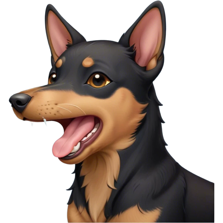 Cinematic Cute Yawning Black and Tan Kelpie Portrait Emoji, Head tilted slightly with a dramatic, wide-open yawn, showcasing a smooth black Fur with distinct tan accents, floppy ears slightly drooping, round dark eyes barely open in drowsy contentment, Simplified yet irresistibly adorable features, highly detailed, glowing with a soft, cozy glow, high shine, relaxed yet expressive, stylized with a touch of whimsy, bright and endearing, soft glowing outline, capturing the essence of a sleepy yet affectionate herder, so drowsy it feels like it could stretch out of the screen and curl up for a nap! emoji