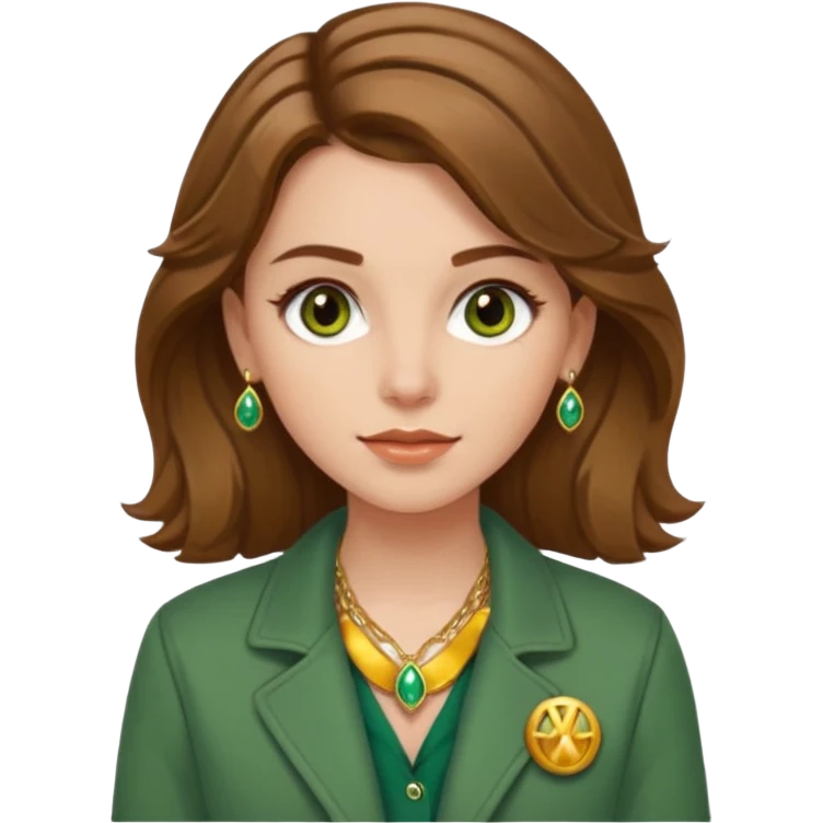 White girl with hazel Brown eyes Brown and slighly wavy medium hair. Make her with a green jacket and gold jewlery.  emoji