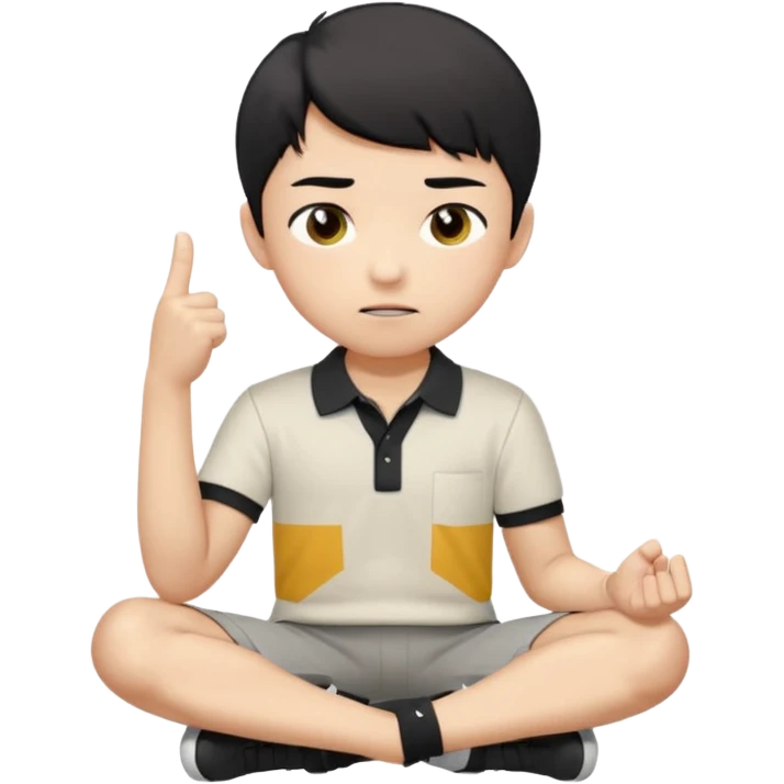 A cartoon young Asian boy with short black hair, light beige skin, and large expressive eyes, wearing a white polo shirt, gray pants, and black shoes. He sits cross-legged on the ground, one fist resting on his cheek, with a closed-mouth smirk. Clean lines, flat colors, solid black background. emoji