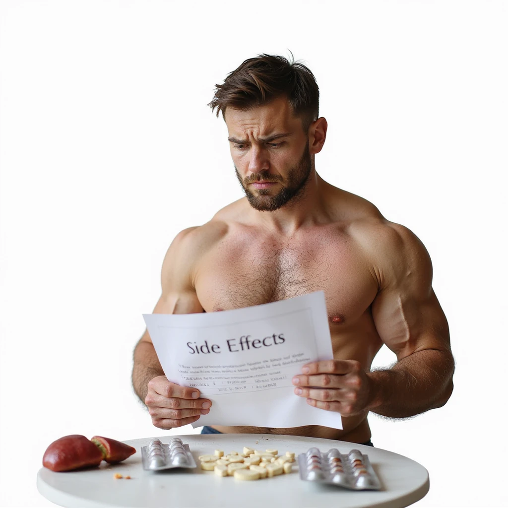 inexperienced bodybuilder consulting a sheet with side effects, blister packs of pills and symbol of inflamed liver beside him, worried expression, isolated on white background emoji
