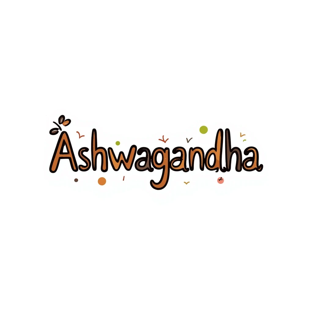 The word "Ashwagandha" hand-drawn in a warm earthy color palette with browns, oranges, and subtle greens. Simple doodle style with minimal decoration. emoji