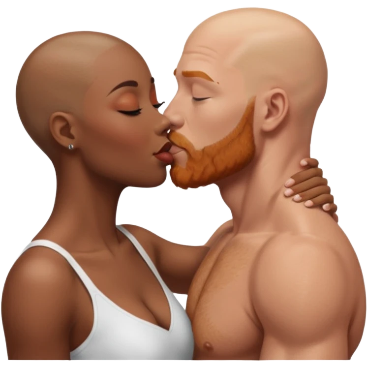 intimate moment between lovers, JetSetFly , photo Realistic Couple, black women with balayage hair kissing bald white muscular man with ginger Beard  emoji