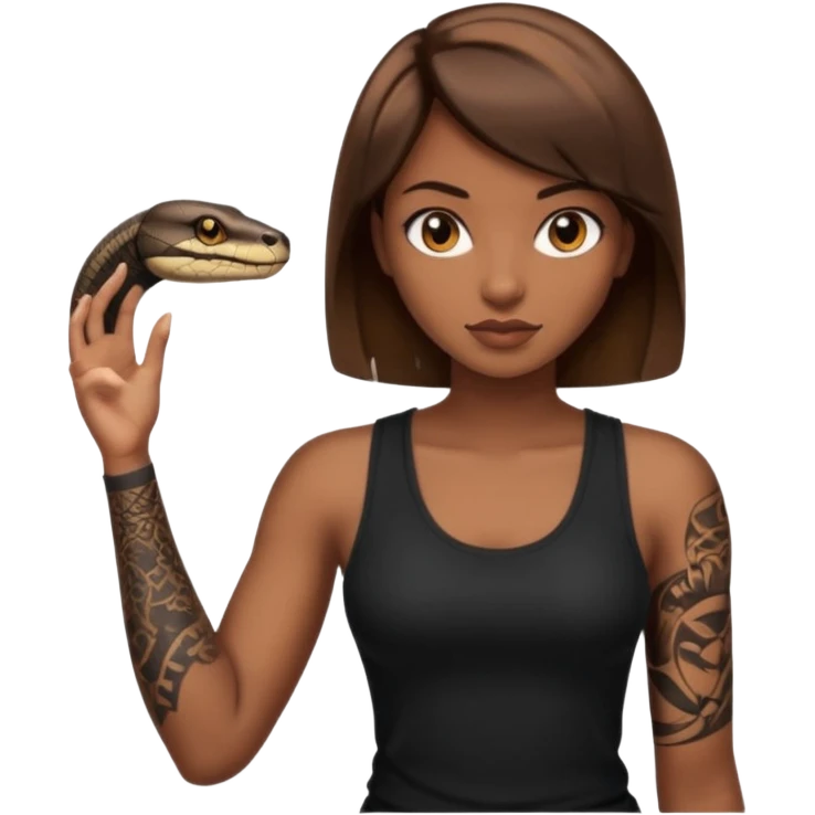 Femme brune yeux marron avec une coupe carré noir qui descend sur l'épaule , femme couleur de peau typé, avec un cobra a côté , débardeur noir , avec un tatouage sur le bras droit emoji