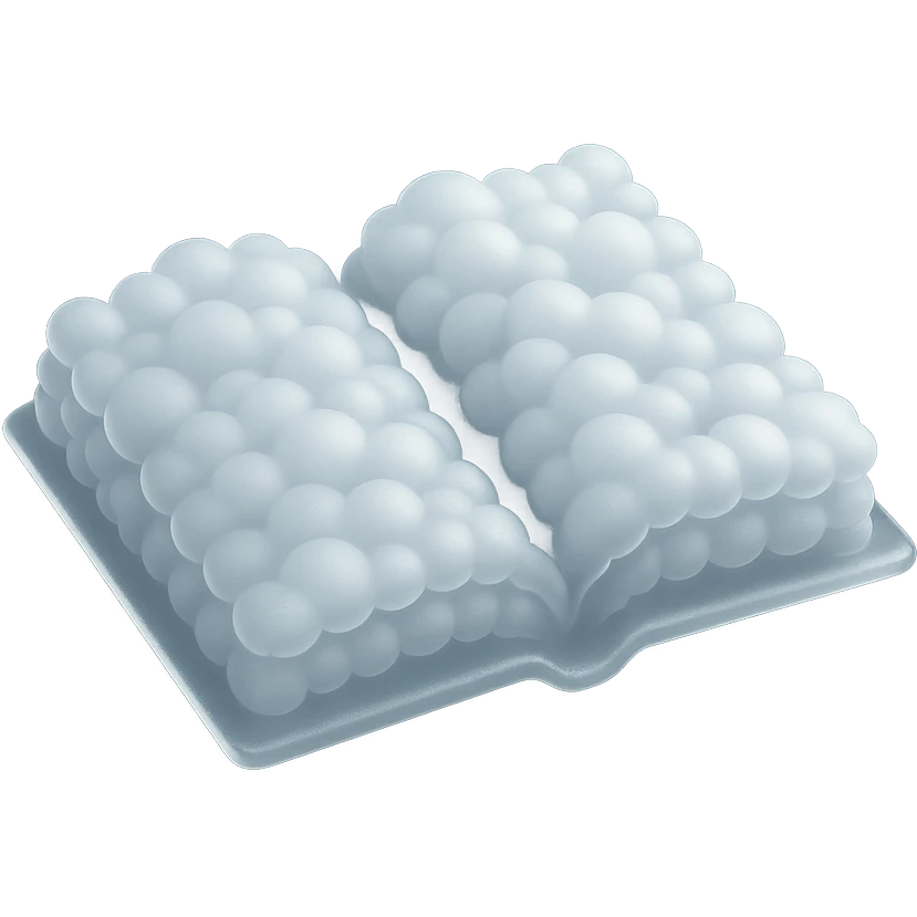 thick open book made entirely of small, very bright white fluffy convex clouds, matte glass style, no background, emphasis on volume and glowing white clouds emoji