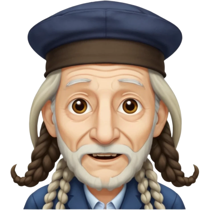 Jewish elderly man emoji with long dread hair on the sides and jewish hat, long big nose and crooked teeth emoji