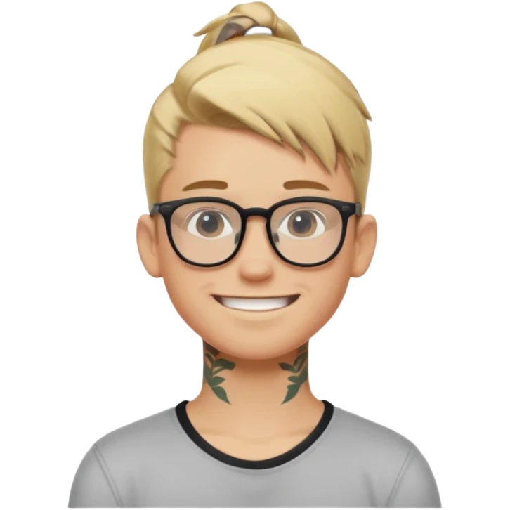 blond hair teen boy pony tail undercut with tattoo on his neck, wearing glasses, strong built, smile warmly  emoji
