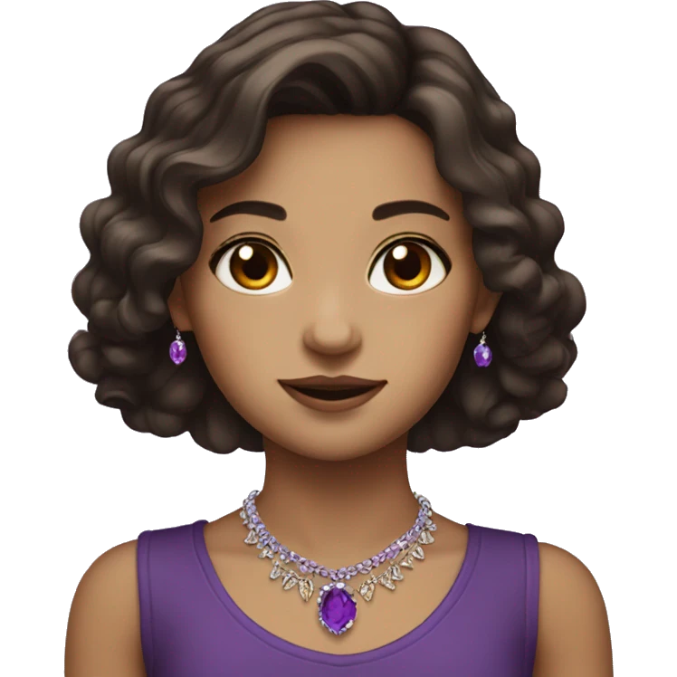 portrait of girl with jewelry with dark brown hair and purple gleaming  emoji