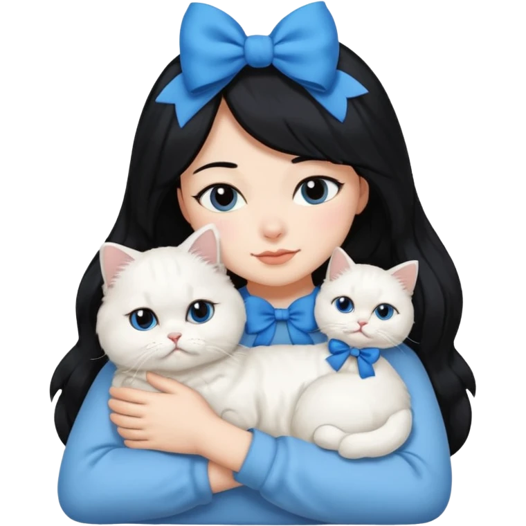 black hair woman snuggling white Persian cat with a blue bow emoji