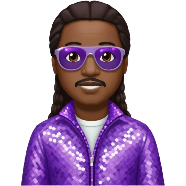 Stevie Wonder with long dark brown hair, lilac sequin outfit  emoji