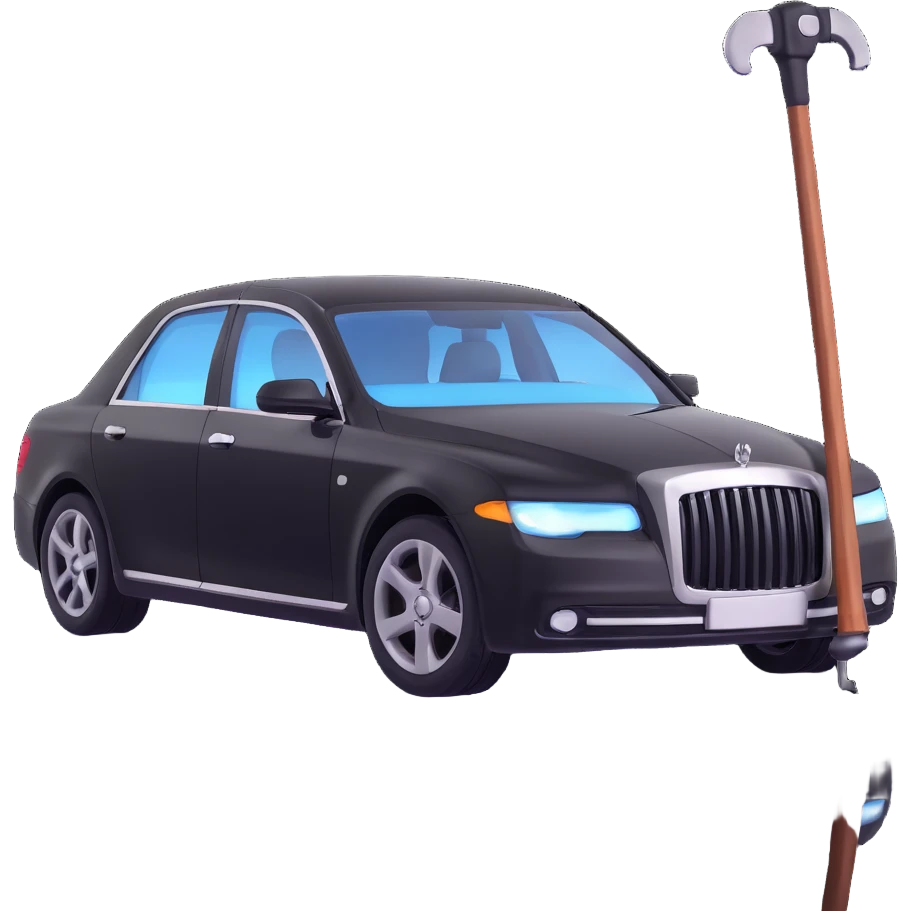 black luxury car with a visible dent, a hammer and a rod forming an X in the upper right part of the vehicle, reflection lamp illuminating the car, elegant and modern emoji