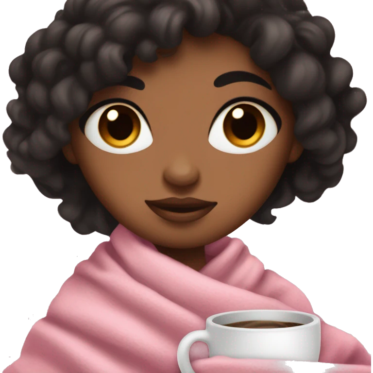 Brown skin girl with black silky hair with a cozy pink and white blanket on with brown eyes and coffe emoji