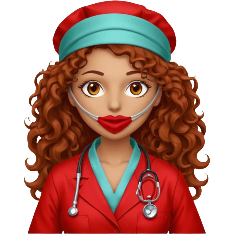 Sensual Spanish Lilith core evil surgeon.red outfit.  Surgeon has hazel eyes. Her hair is BROWN. Hair is also  long and  curly. wearing a sexy surgeon outfit with platform  heels.she is a calculated smart killer. She covers only her mouth and nose with silk scarf to hide identity  emoji
