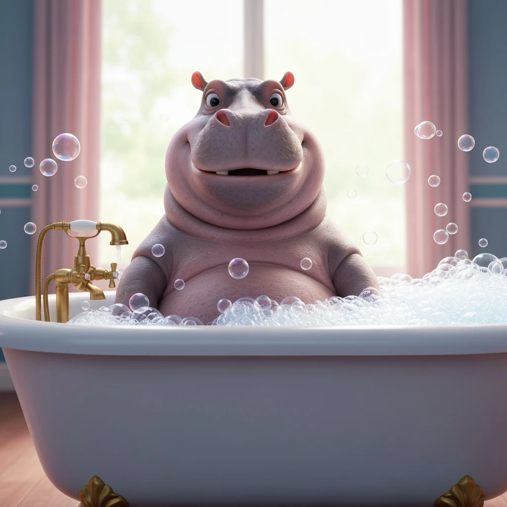 happy hippo with bubbles in bathtub emoji
