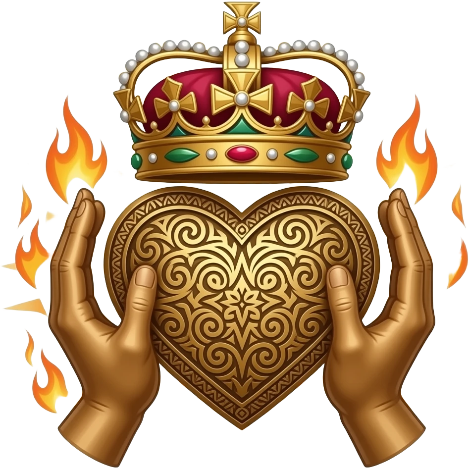Simple Minds logo - two bronze hands holding with their fingertips a bronze heart richly ornamented with arabesques, radiating flames with a richly decorated royal crown emoji