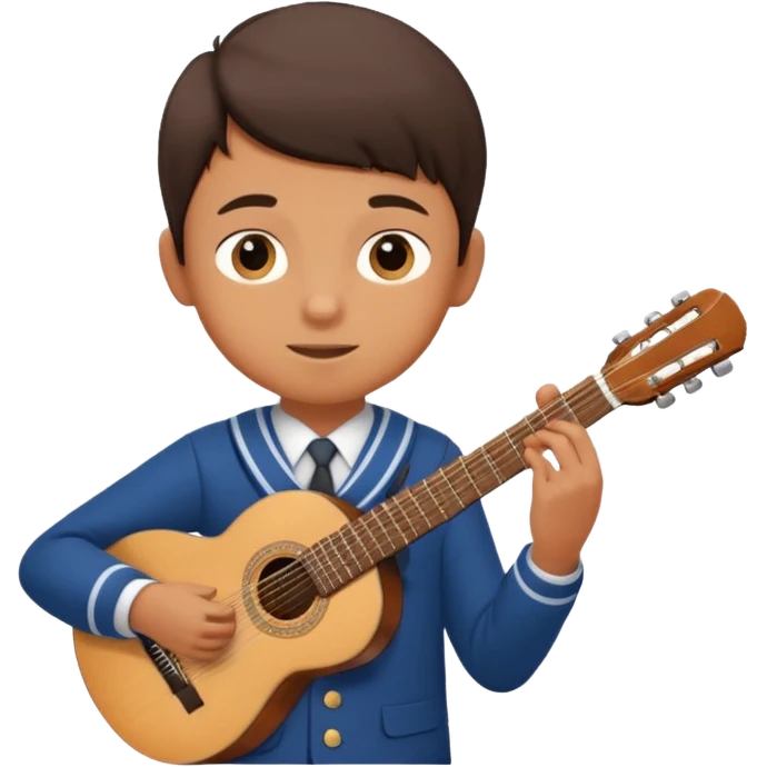Teen boy – wearing school uniform, holding classical guitar, practicing chords. emoji