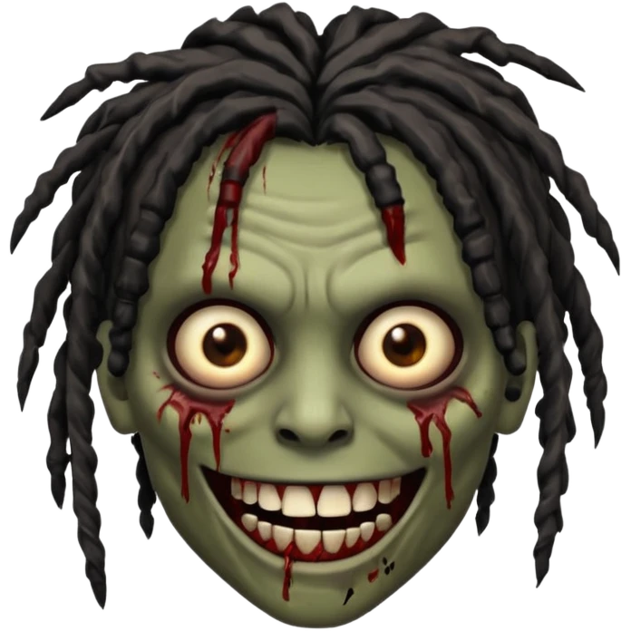 zombie with brown skin, messy black dreads hair, wide centered brown eyes, dark bloody marks under the eyes, and a smile showing grillz, giving a distressed, undead look. emoji