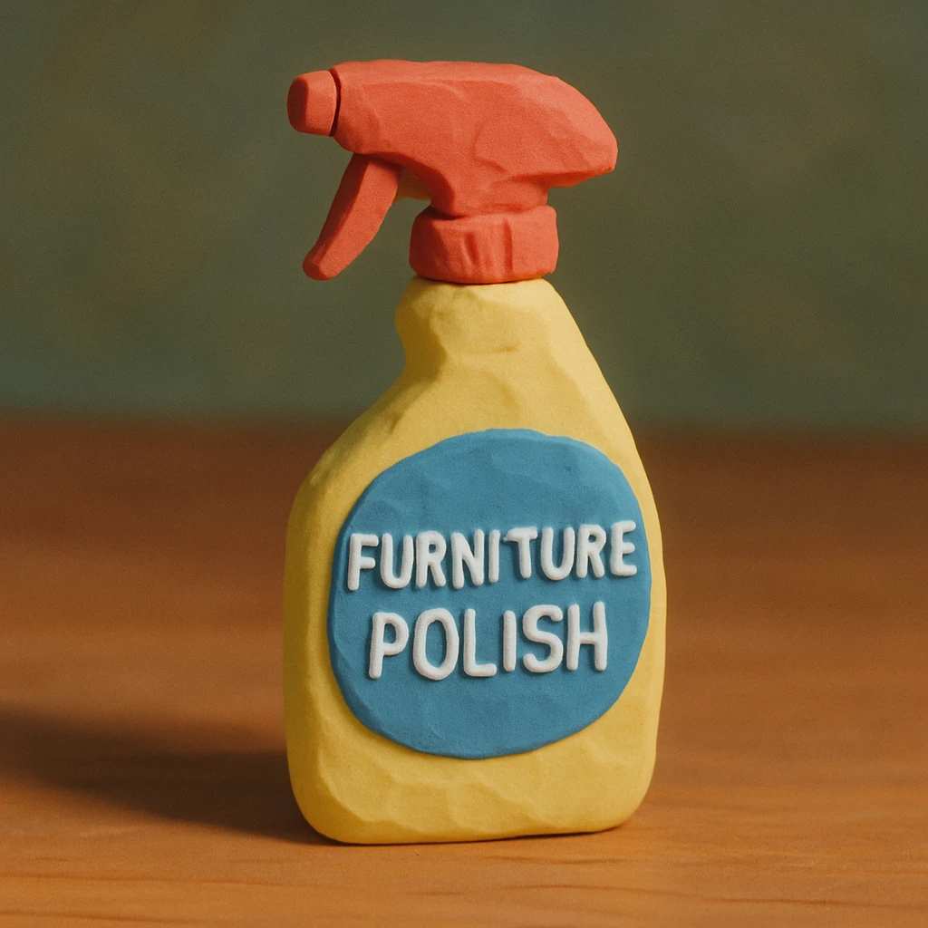 claymation style close-up of Pledge-like furniture polish bottle on a wooden table, soft lighting, pastel colors emoji