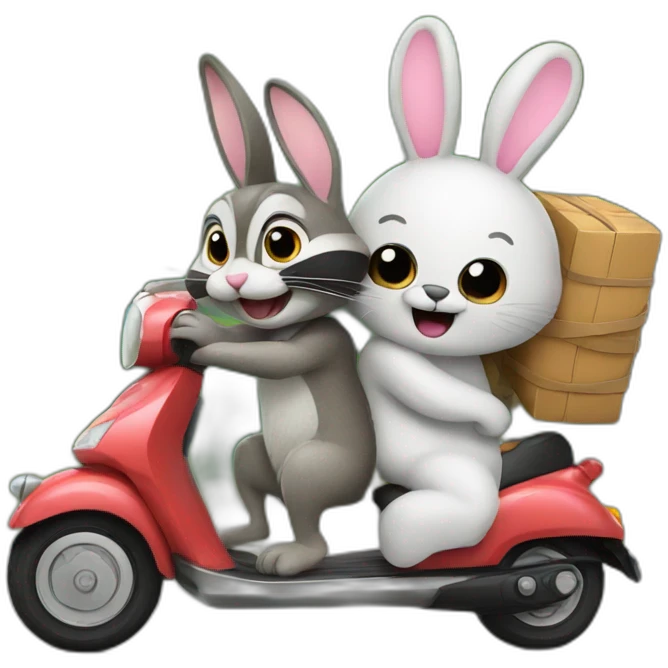 bunny giving a ride to raccoon both on a scooter emoji