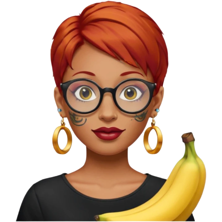 red hair woman with extra  big earring and face tattoed and wearing big banana glasses emoji