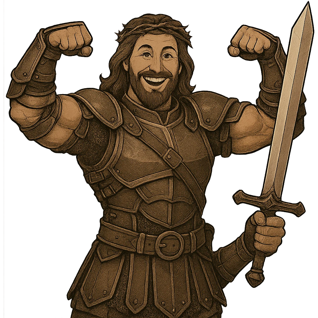 Transform the figure of Jesus into a warrior while keeping the muscular body and smile. Add detailed warrior armor, a sword, and a heroic pose. Maintain the original style and ensure the background is transparent. emoji