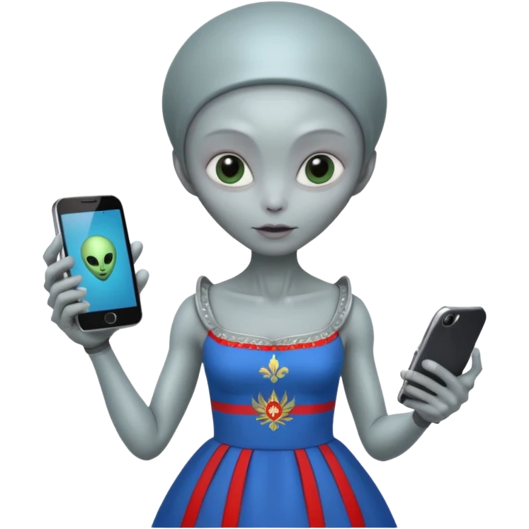 alien with russia custome dress and smartphone emoji