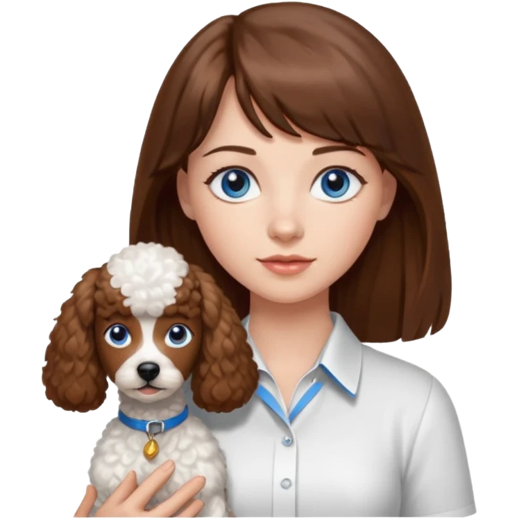 Kobieta z długimi brązowymi włosami, ma grzywkę i niebieskie oczy. Ubrana w białą koszulę. Trzyma na rękach brązowego pudelka. emoji