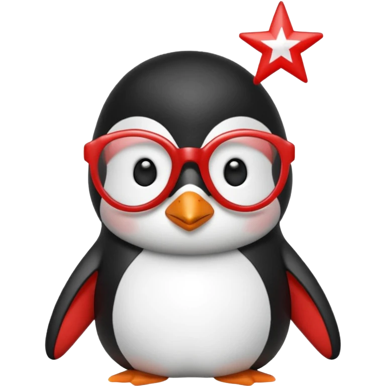 Pingüino color rojo con blanco y lentes en forma de estrella color celeste emoji