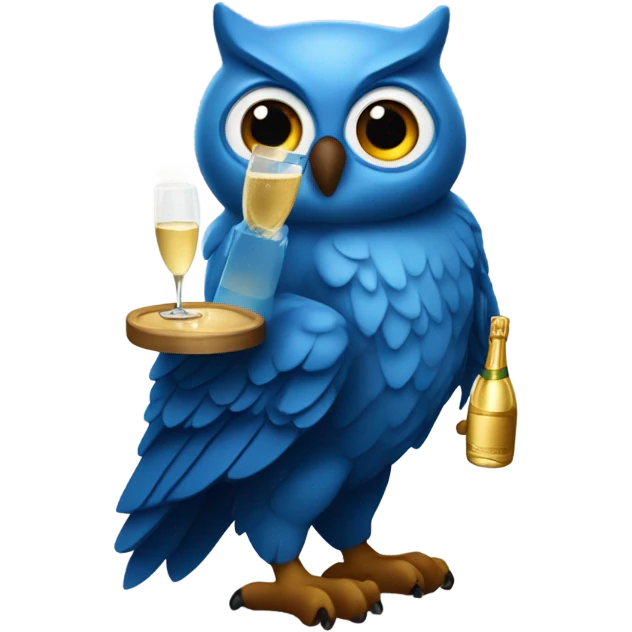 Blue owl holding a popped bottle of champagne  emoji