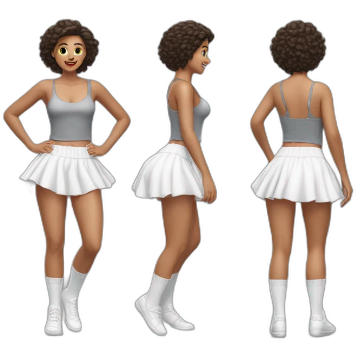 Hyperrealistic Full body Caucasian curvy beauty jumping short white skirt back and front views strong wind knickers long white socks emoji