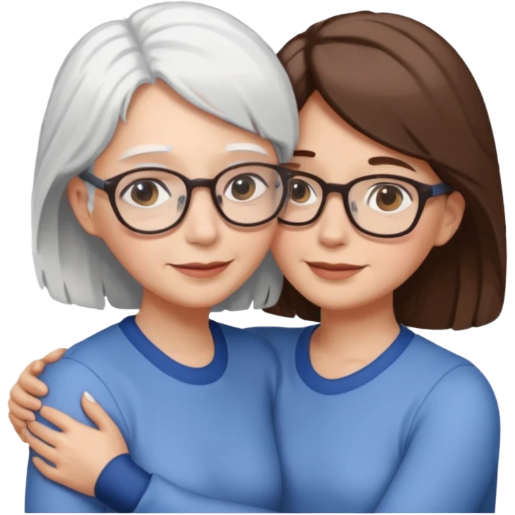 Abrazo de Madre con pelo blanco y gafas y hija con pelo morena sin gafas emoji