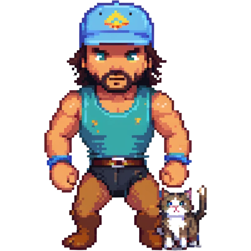Razor Ramon from Sega WWF Mania video game defeating a cat wearing a cap, 16-bit style emoji