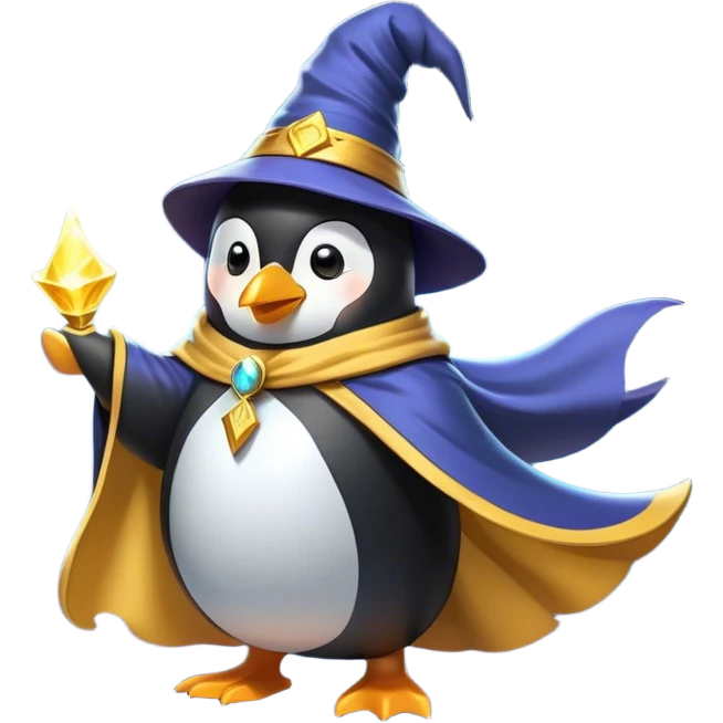 "A wizard penguin with a yellow hat and a long, flowing cape. The penguin is floating slightly above the ground, surrounded by swirling magical energy and glowing runes in the airyellow wizard hat emoji
