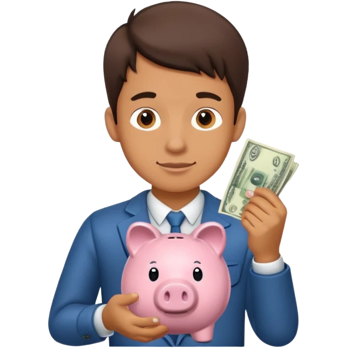 A young guy puts money in a piggy bank. emoji